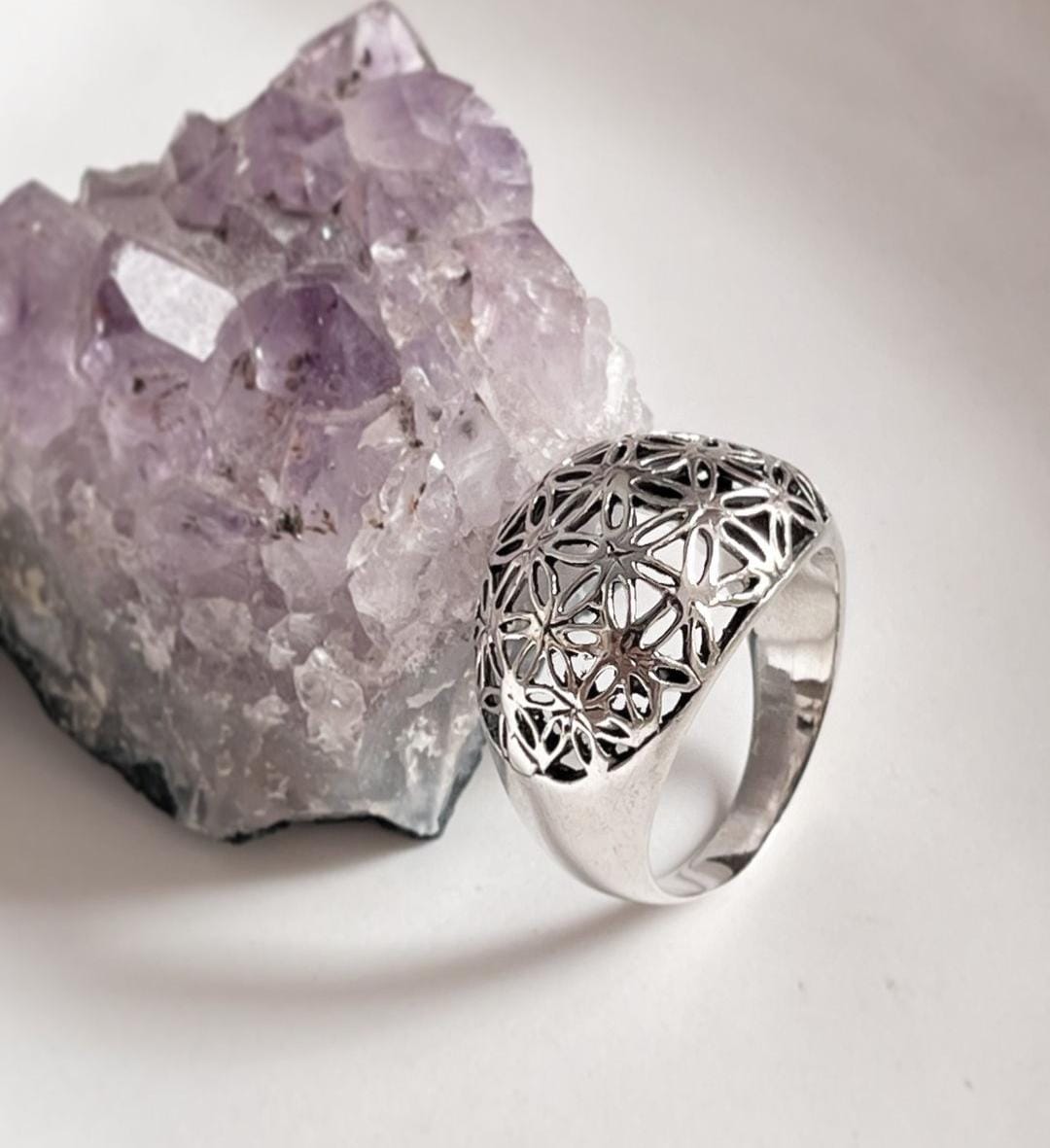 Seed of Life dome silver ring with sacred geometry design