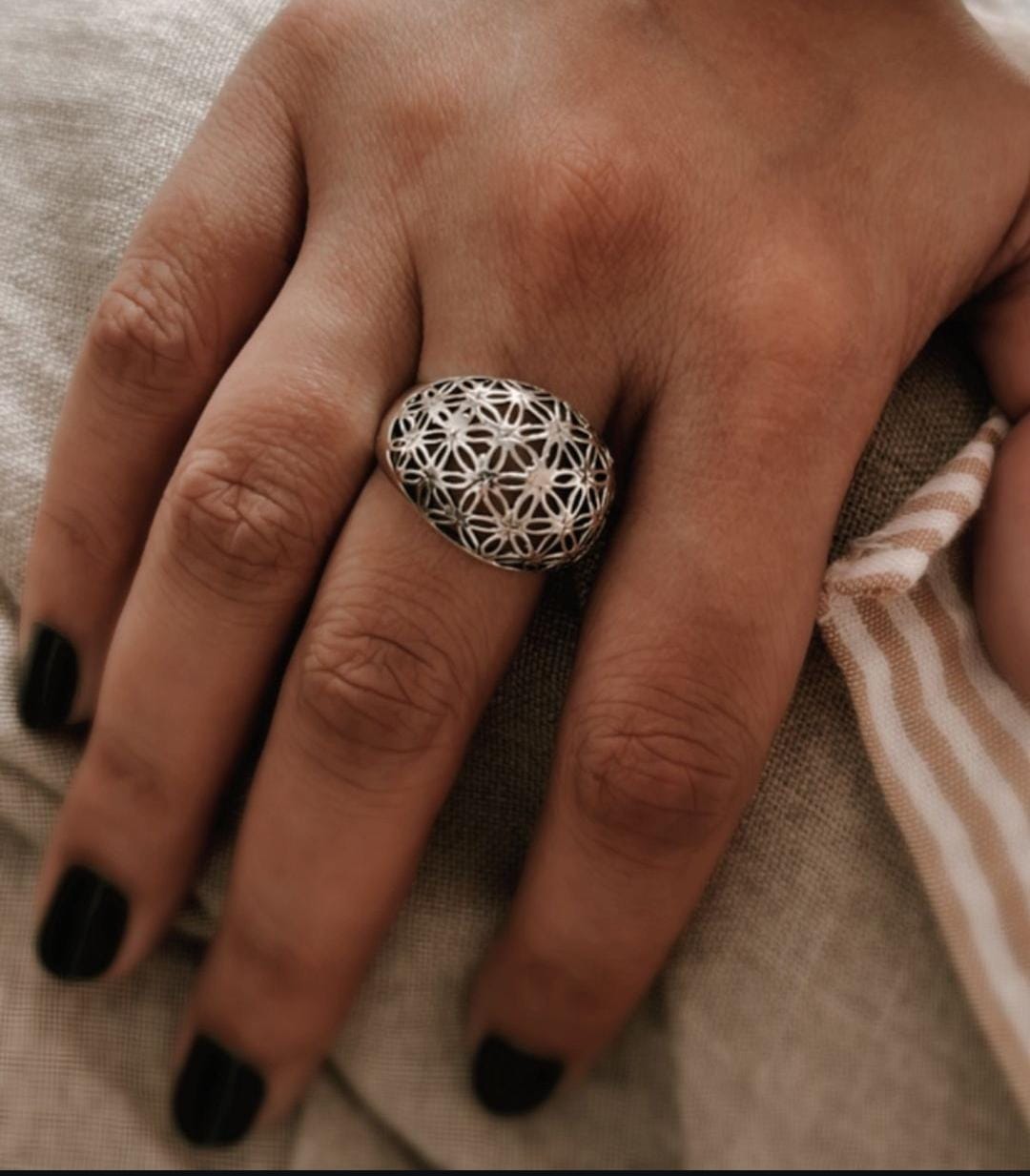 Elegant Seed of Life dome ring in sterling silver