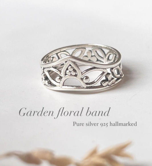 Handcrafted Garden Band Ring in Sterling Silver