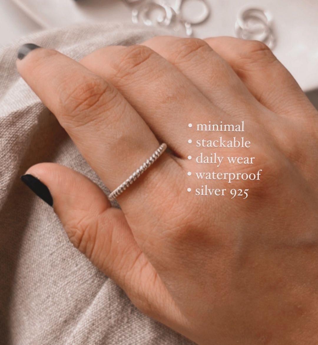 Close-up of classic rope design stackable silver ring