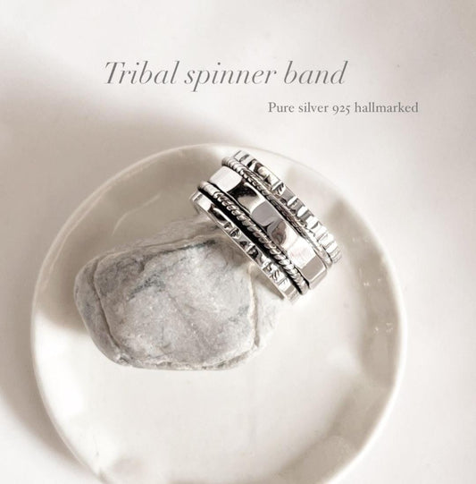 Tribal stack mix spinner sterling silver ring