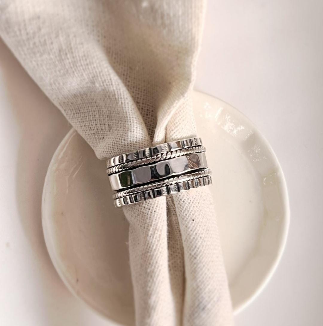 Boho-style tribal spinner ring with mixed stack design
