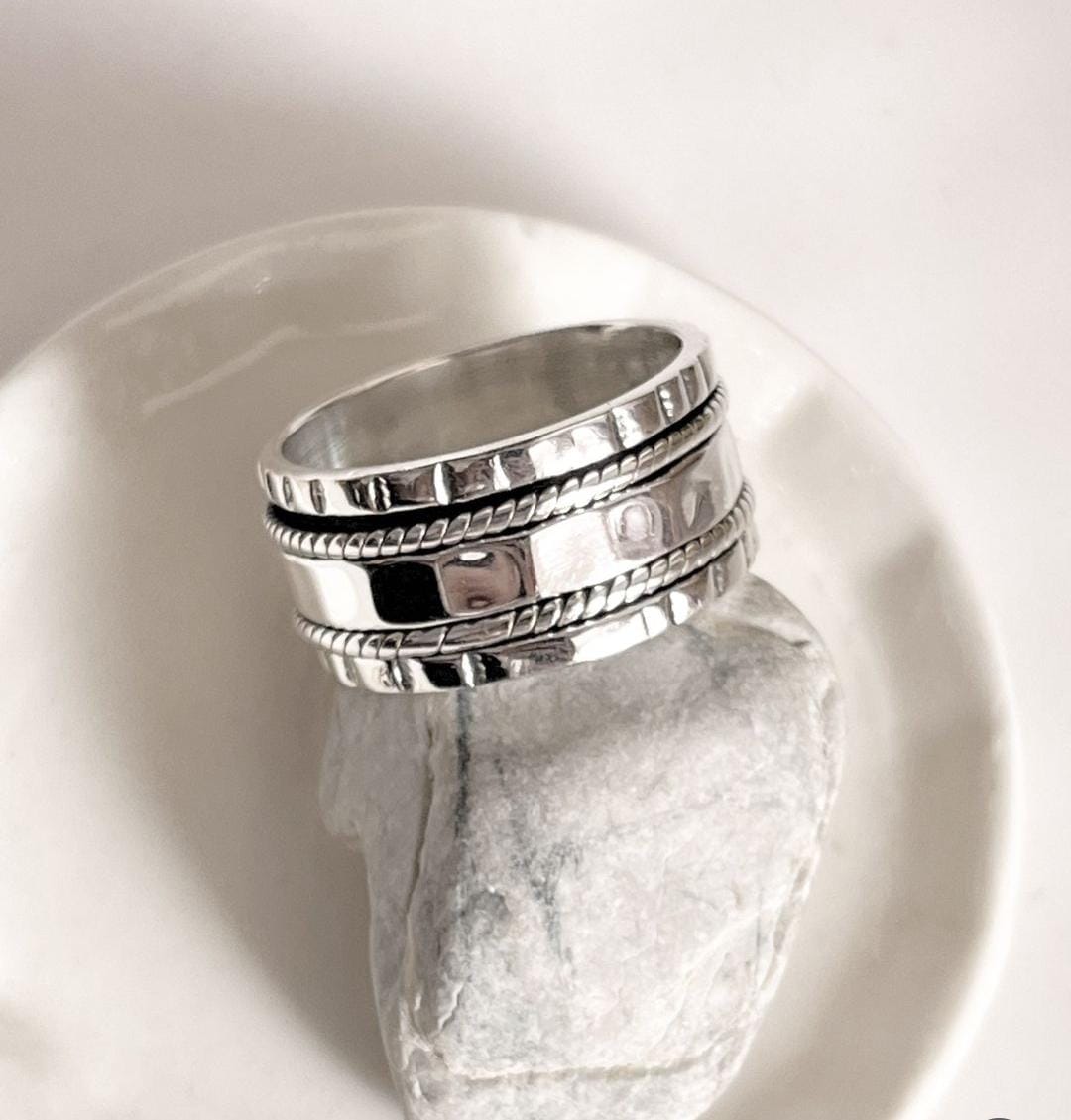 Unique tribal mix spinner silver ring