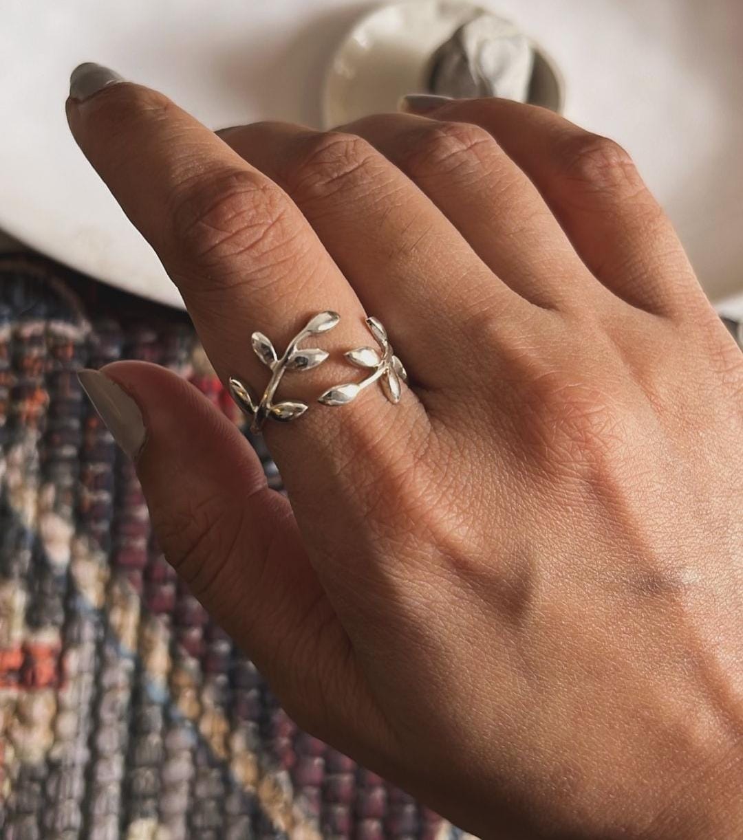 Delicate willow leaf design on adjustable silver ring