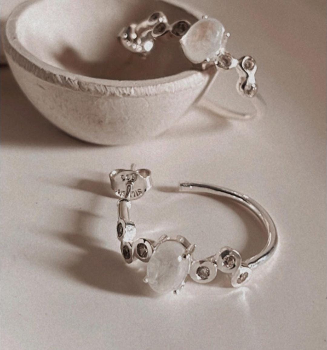 Moonstone CZ Statement Sterling Silver Hoops