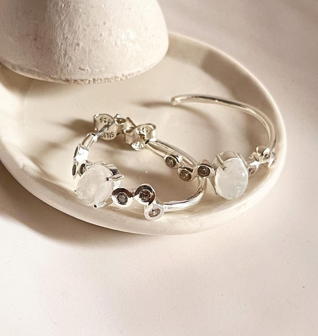 Charming Moonstone CZ Statement Hoop Earrings in Silver