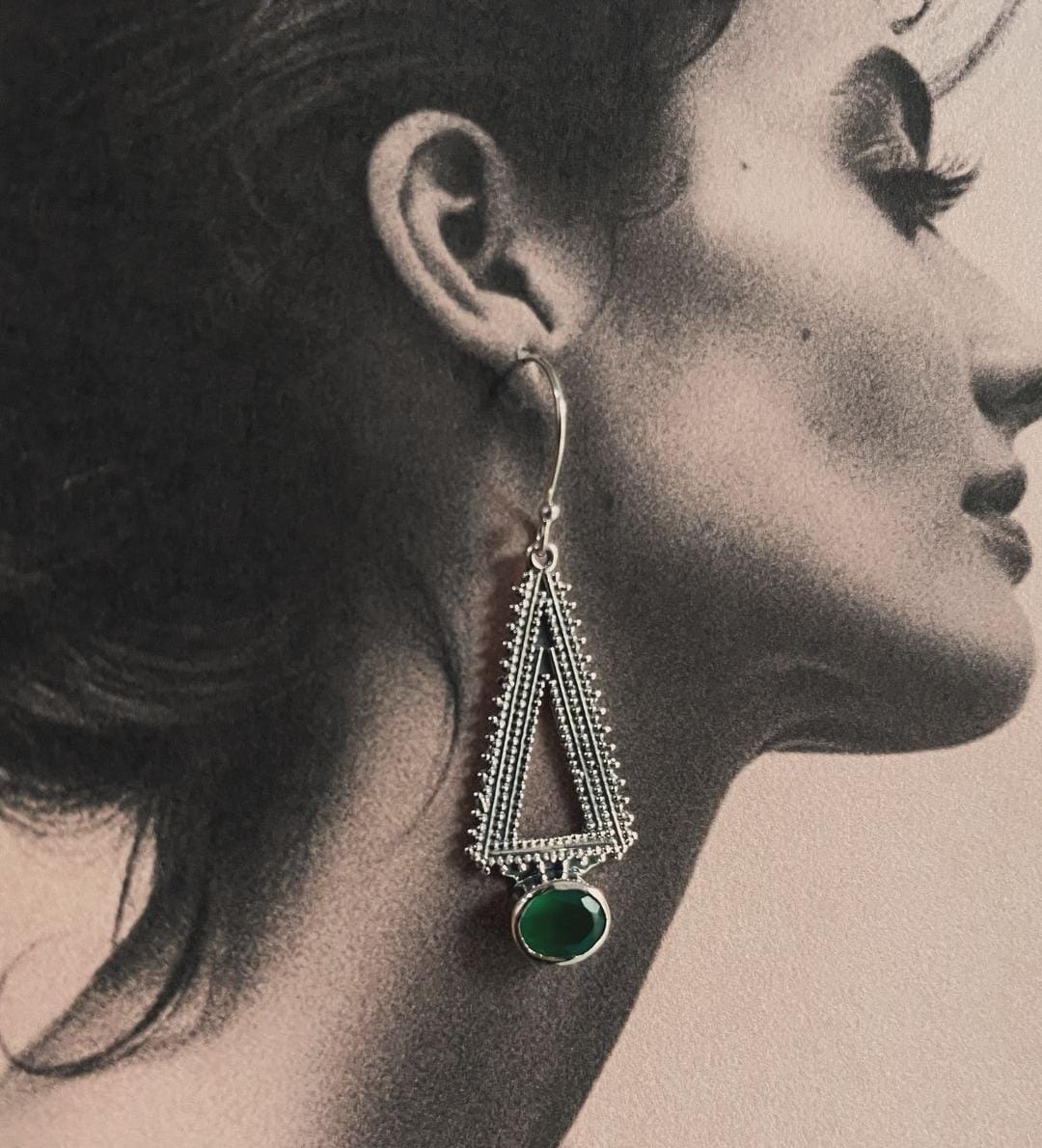 Bold green onyx triangle earrings with tribal design