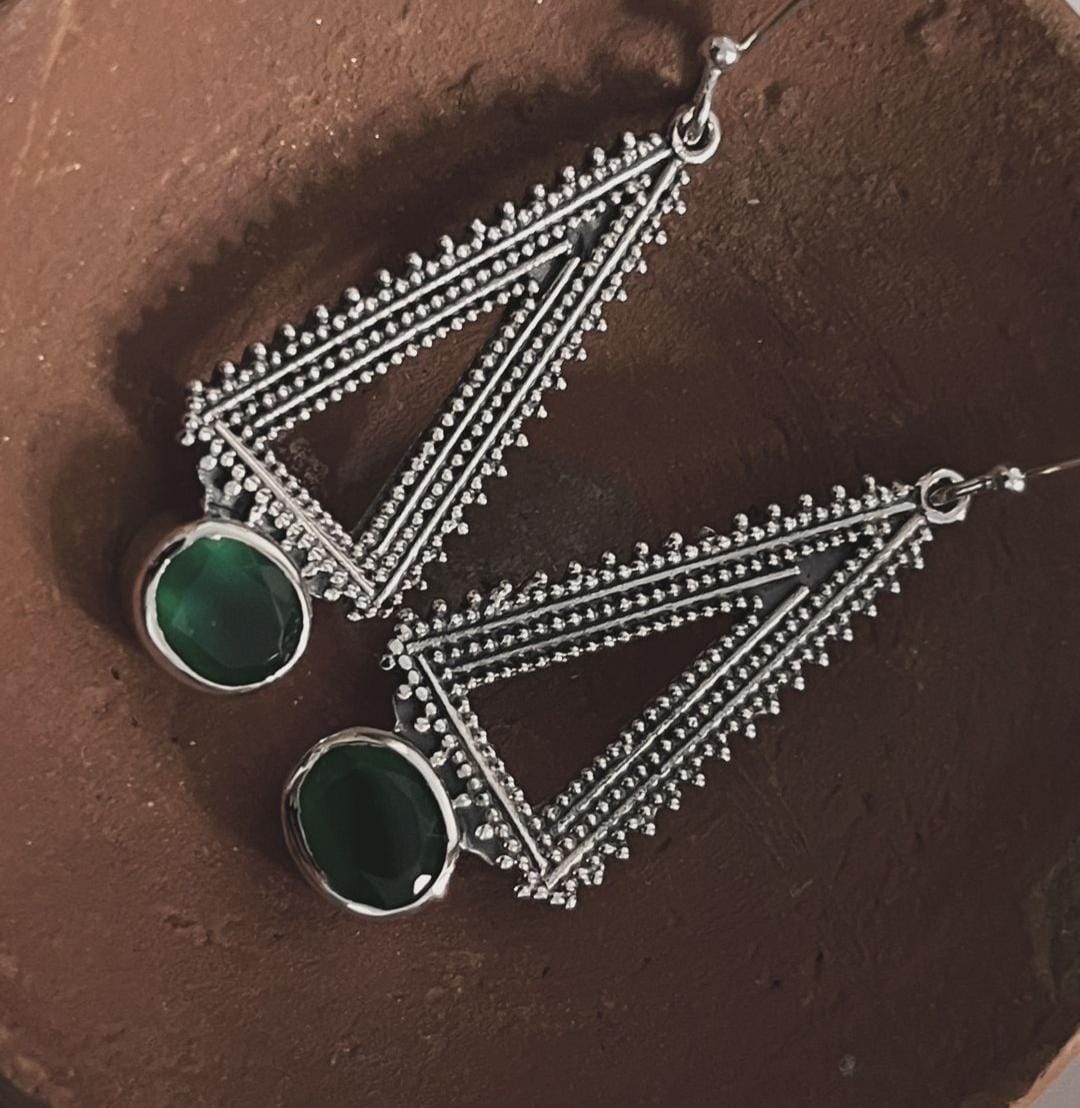Unique green onyx triangle tribal earrings for a boho look
