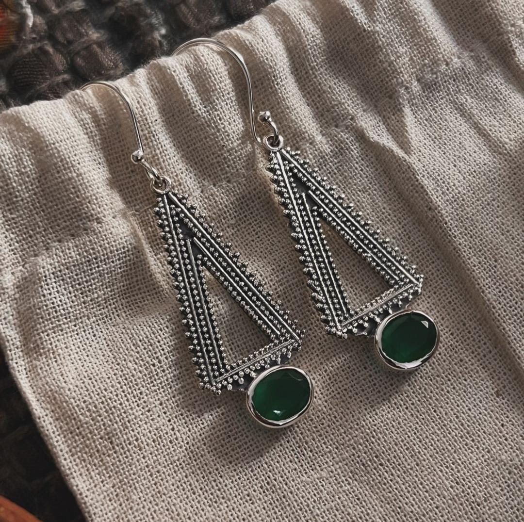 Green onyx triangular earrings in a tribal-inspired design