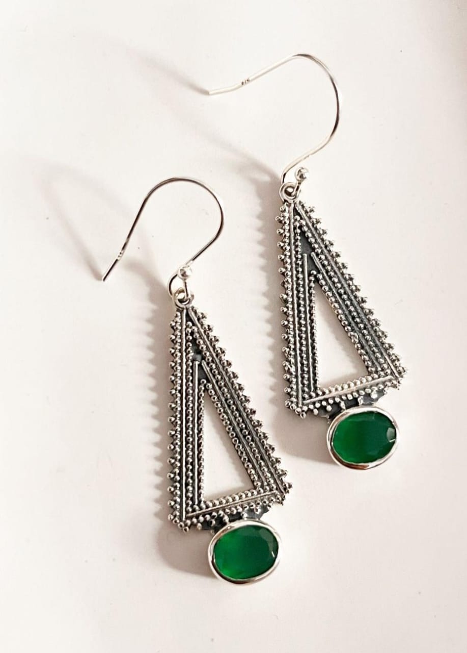 Stylish tribal earrings with green onyx triangle gemstones
