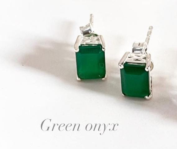 Green onyx octagon cut stud earrings in sterling silver
