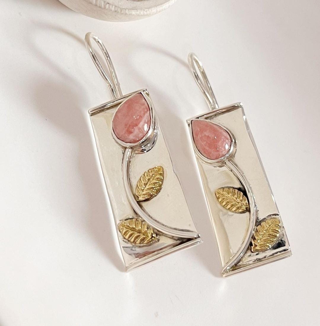 Handcrafted Rhodocrosite Flower Earrings with Silver Setting