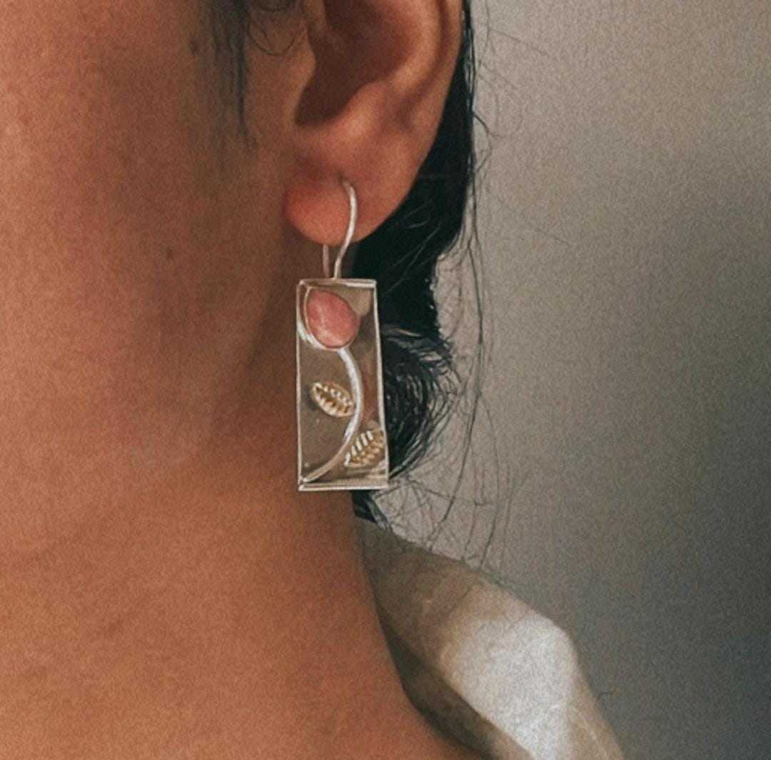 Rhodocrosite Flower Silver Earrings