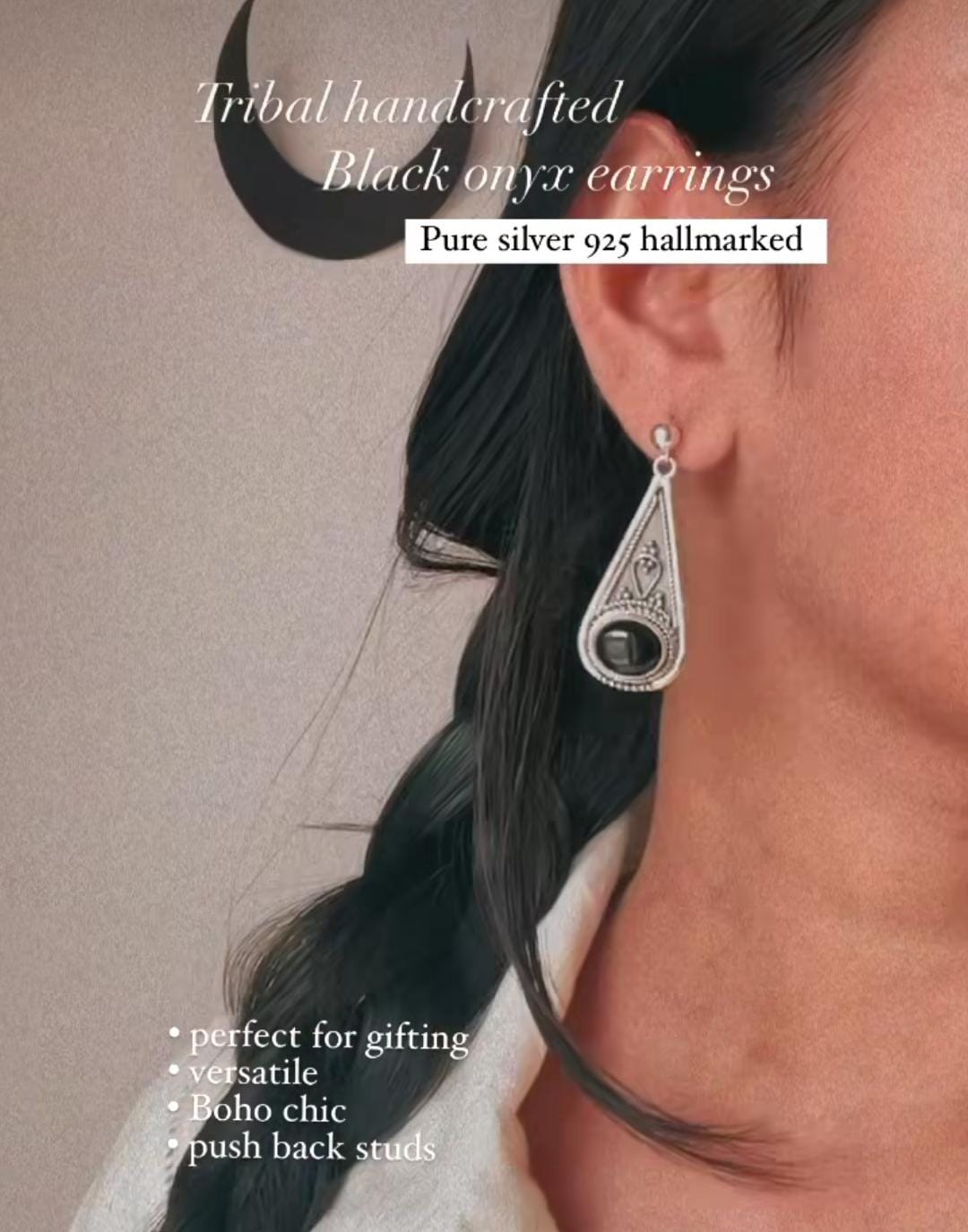 925 sterling silver tribal drop earrings with black onyx