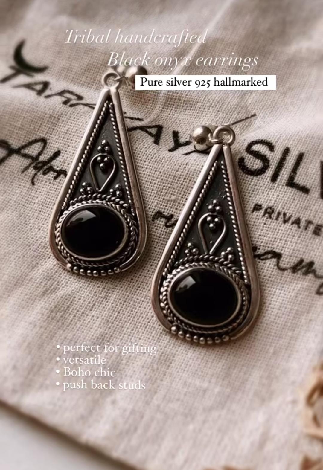 Charming tribal drop earrings featuring black onyx stones