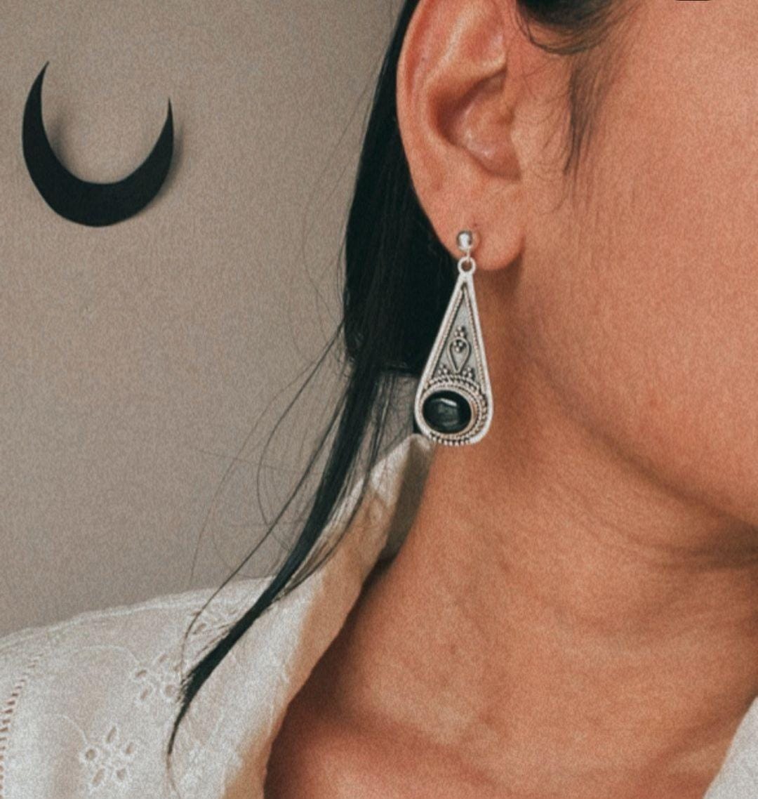 Tribal drop earrings with black onyx in sterling silver