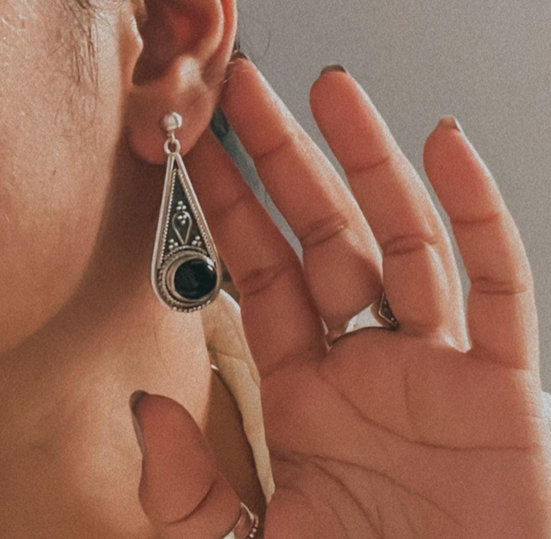 Stylish tribal black onyx drop earrings in sterling silver