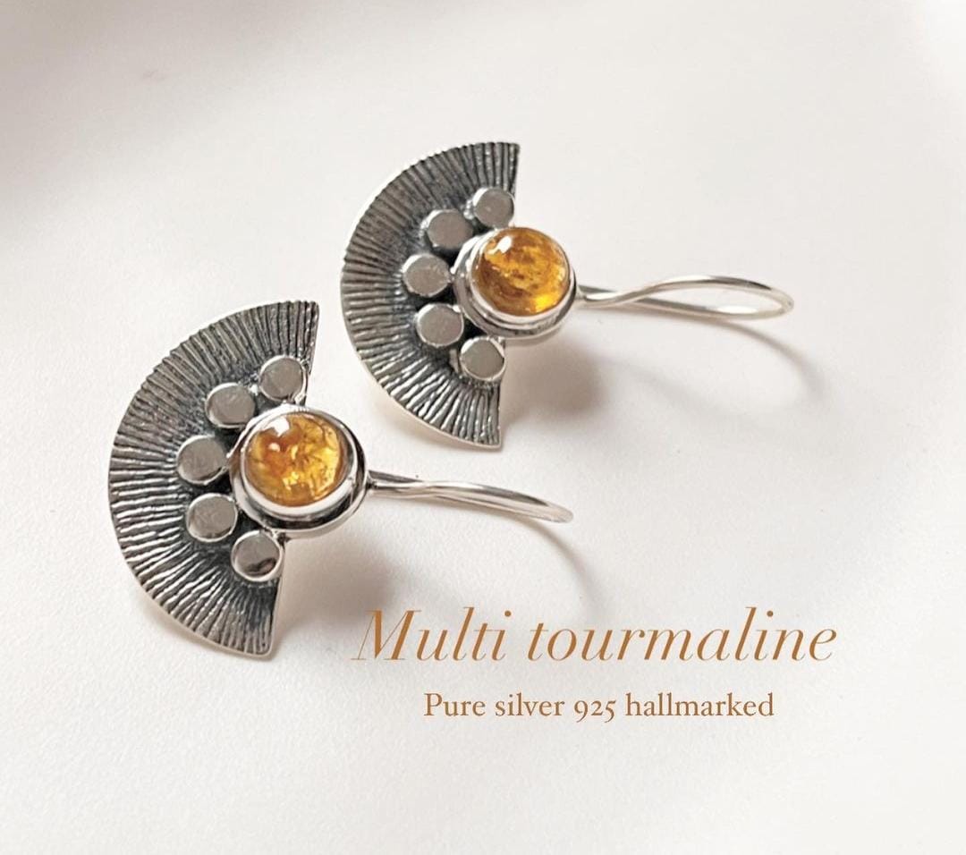 Boho Fan Silver Earrings with Multi Tourmaline Stones