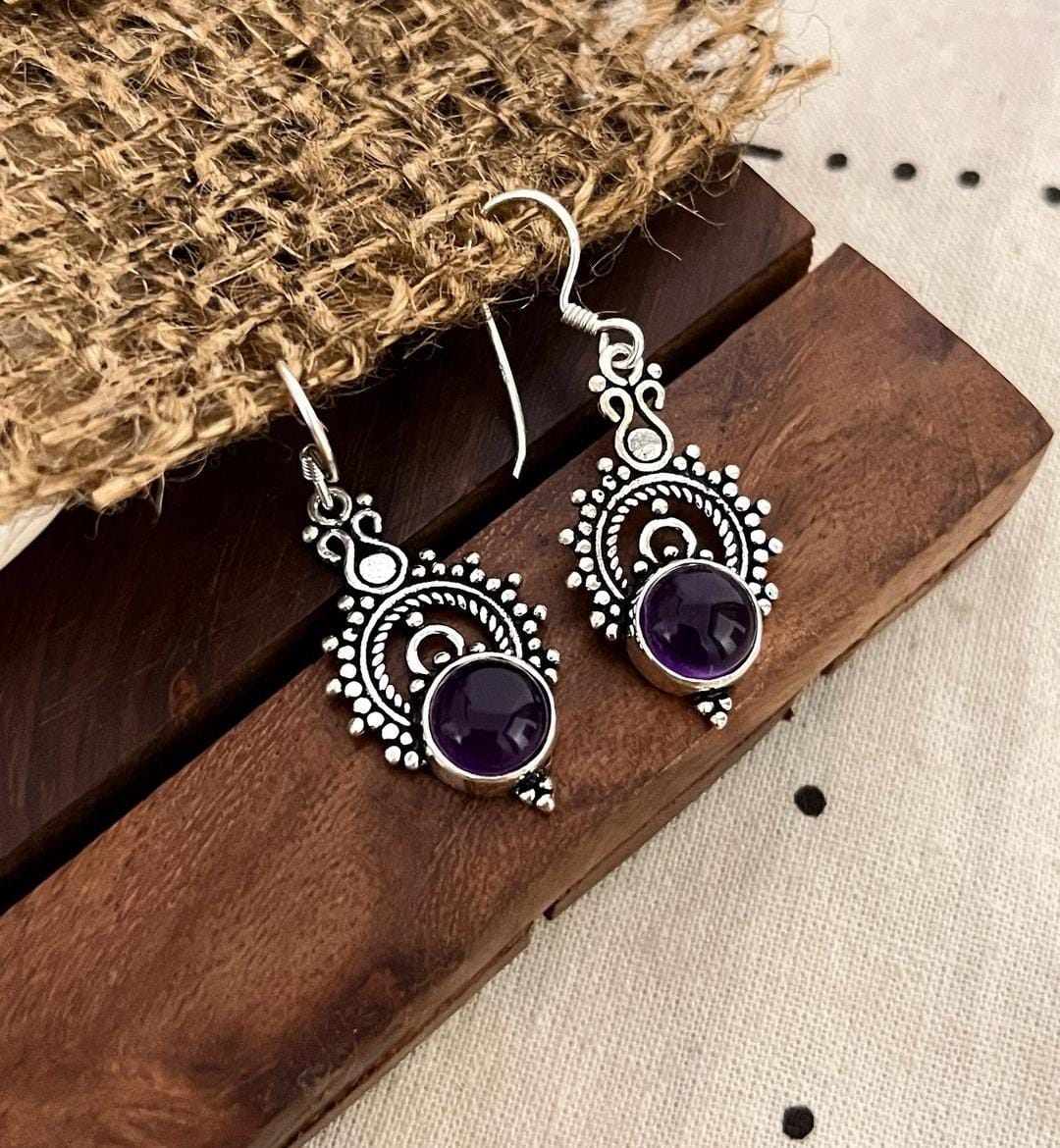 Boho Style Amethyst Rawa Hook Earrings in Silver 