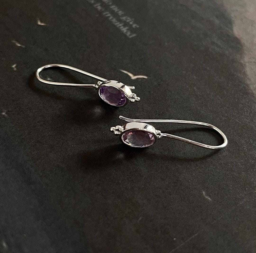 Silver Hook Earrings with Amethyst Gemstone