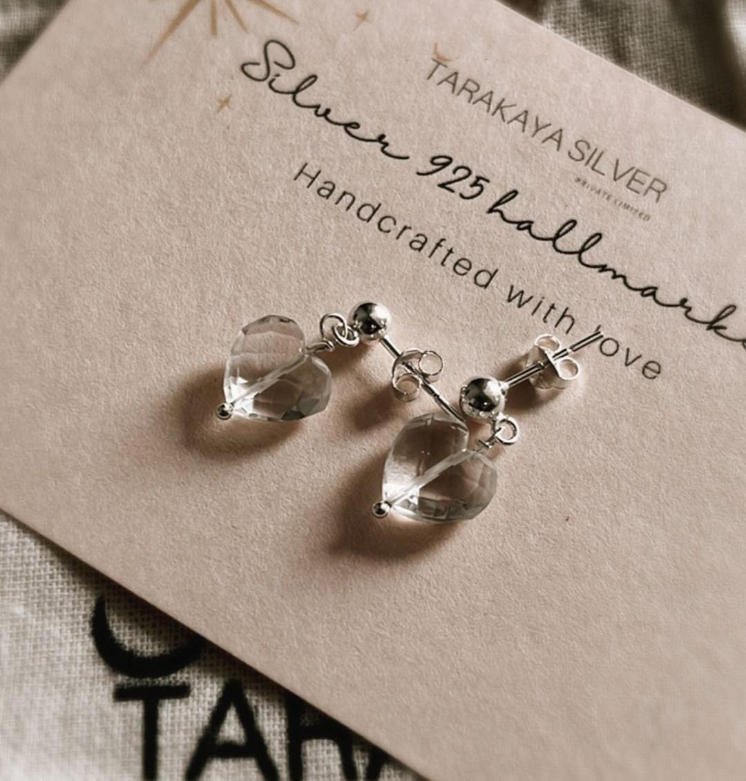 Handmade Clear Quartz Heart Silver Earrings