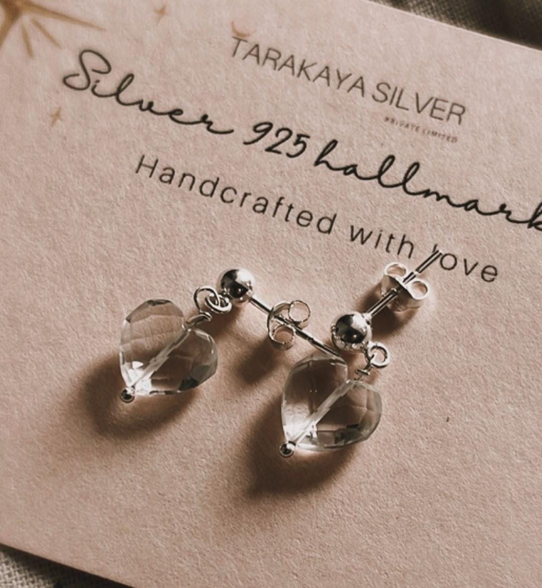 Clear Quartz Heart Crystal Earrings with Silver Setting