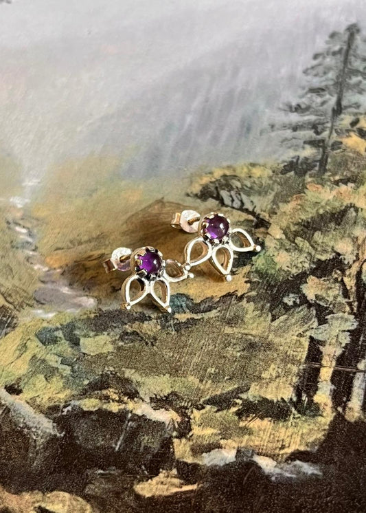 925 Sterling Silver Earrings with Amethyst Stones and Leaf Design