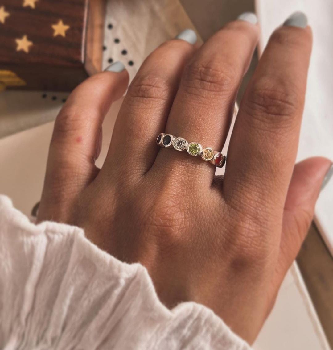 Elegant seven chakra round eternity band ring in silver