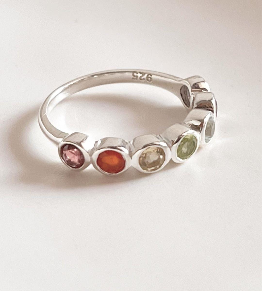 Sterling silver eternity band ring with seven chakra gemstones