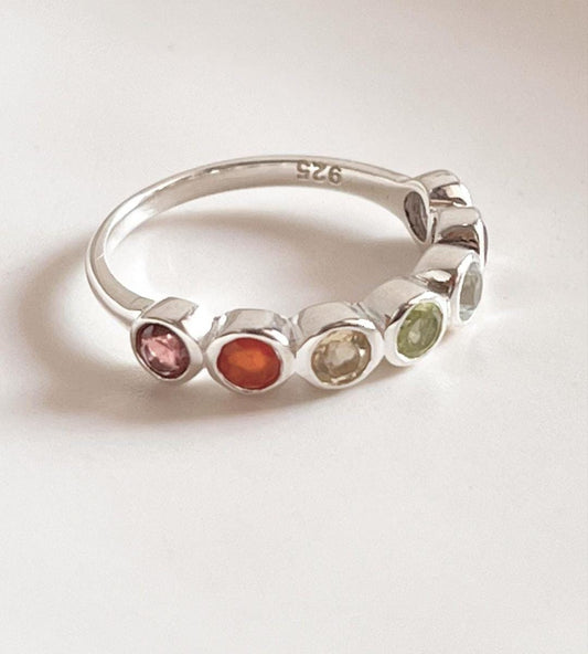 Sterling silver eternity band ring with seven chakra gemstones