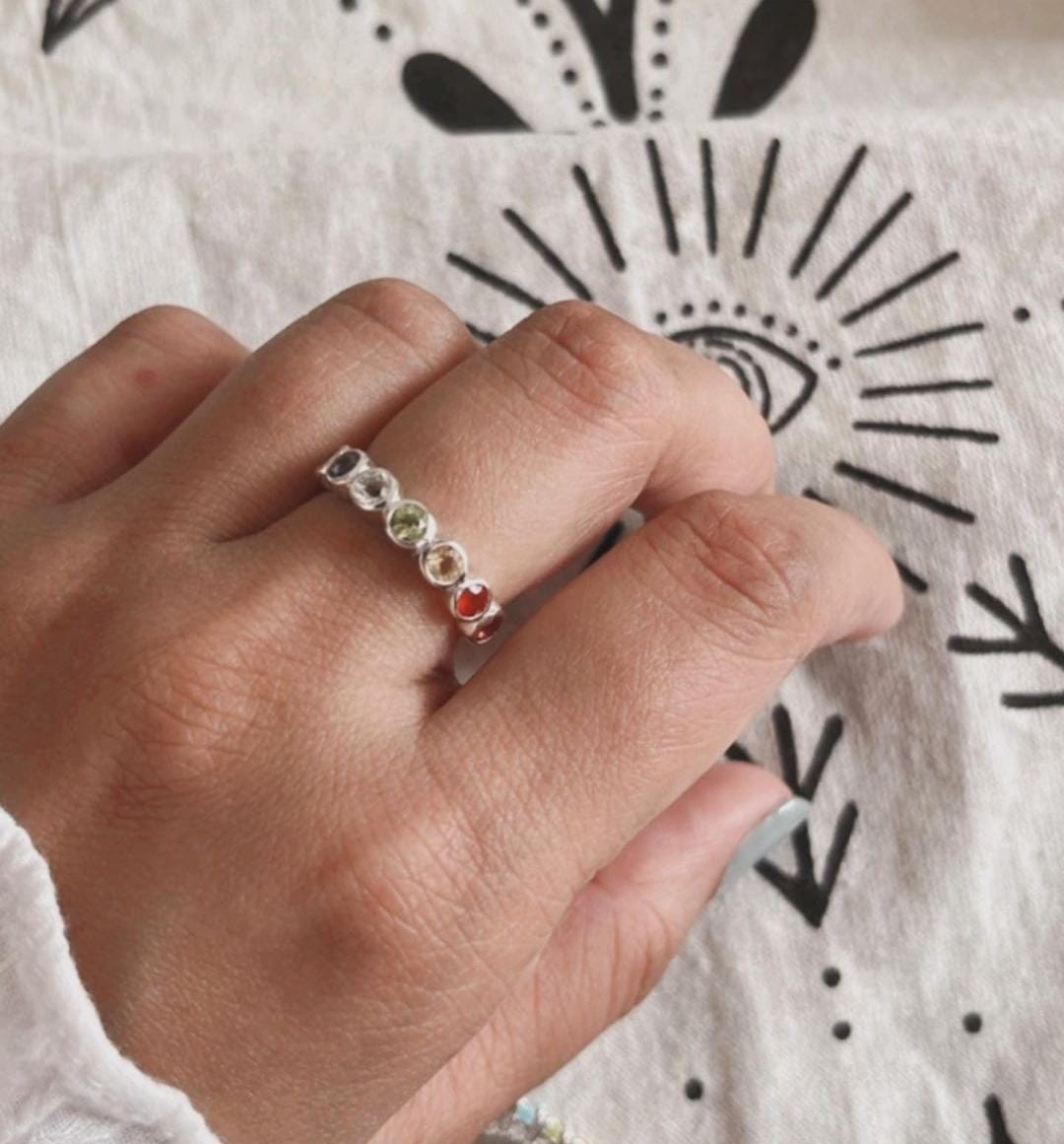 Timeless round eternity band silver ring with chakra stones