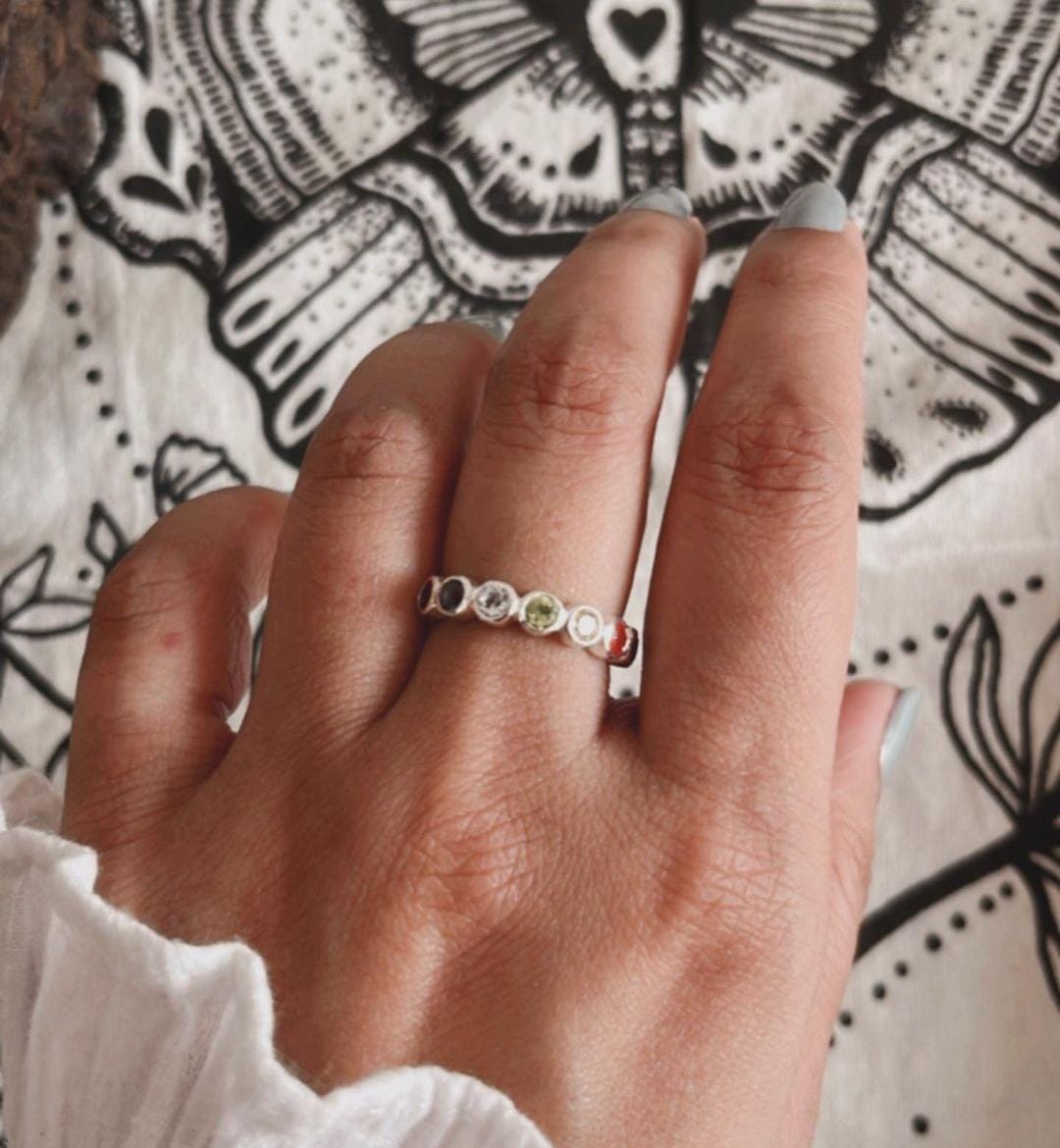 Spiritual seven chakra round eternity band in sterling silver