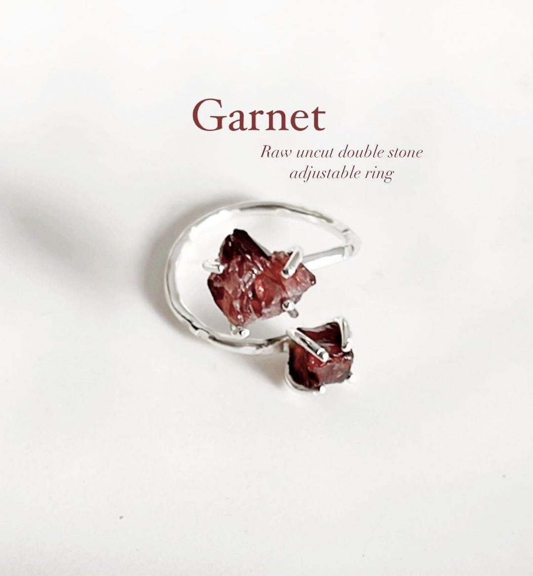 Adjustable silver ring with double raw uncut garnet stones
