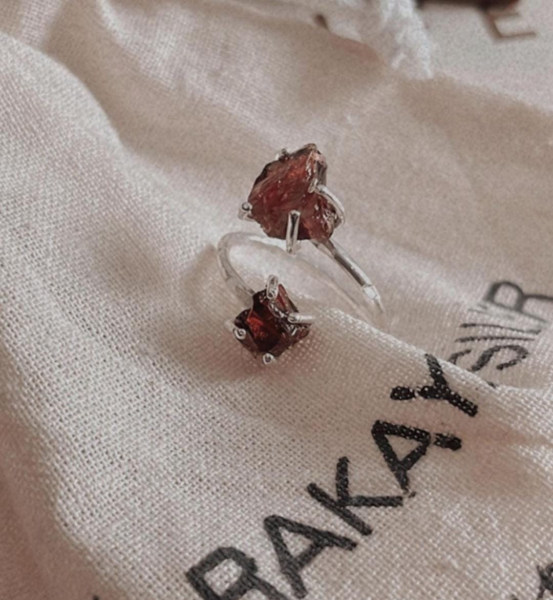 Unique adjustable silver ring with two raw uncut garnet gemstones