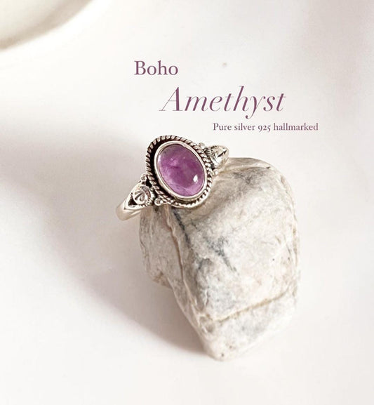 Amethyst Boho Oval Silver Ring