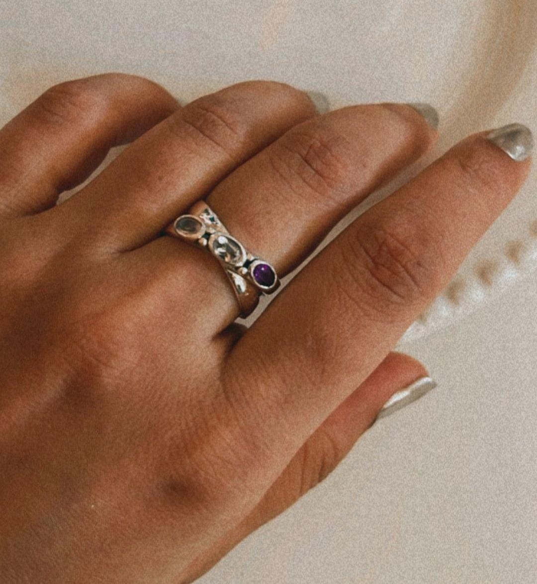 Master Healer Amethyst, Clear Quartz, and Rose Quartz Cross Band Silver Ring for Healing Energy