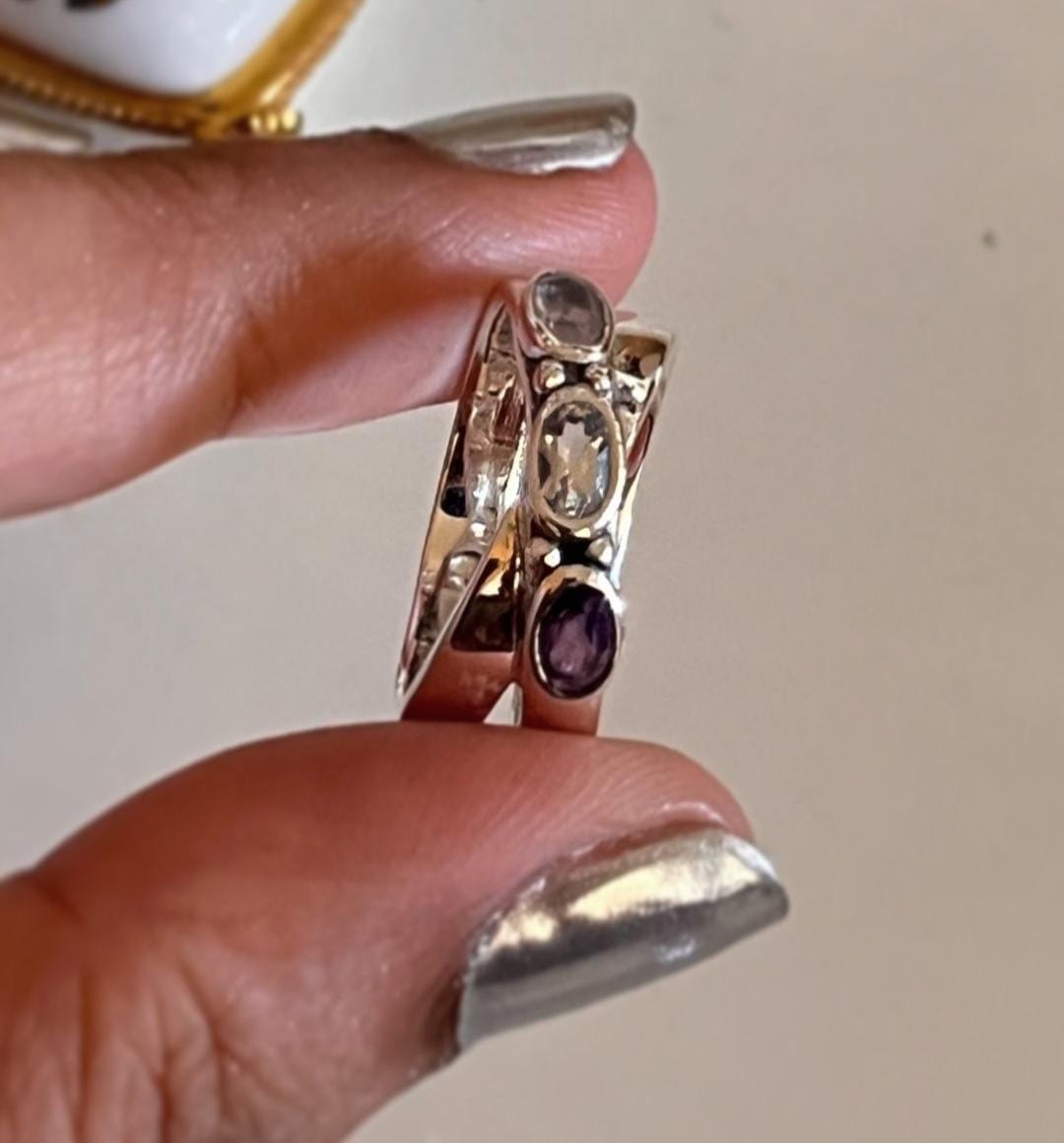 Handcrafted Master Healer Silver Ring with Amethyst, Clear Quartz, and Rose Quartz Stones