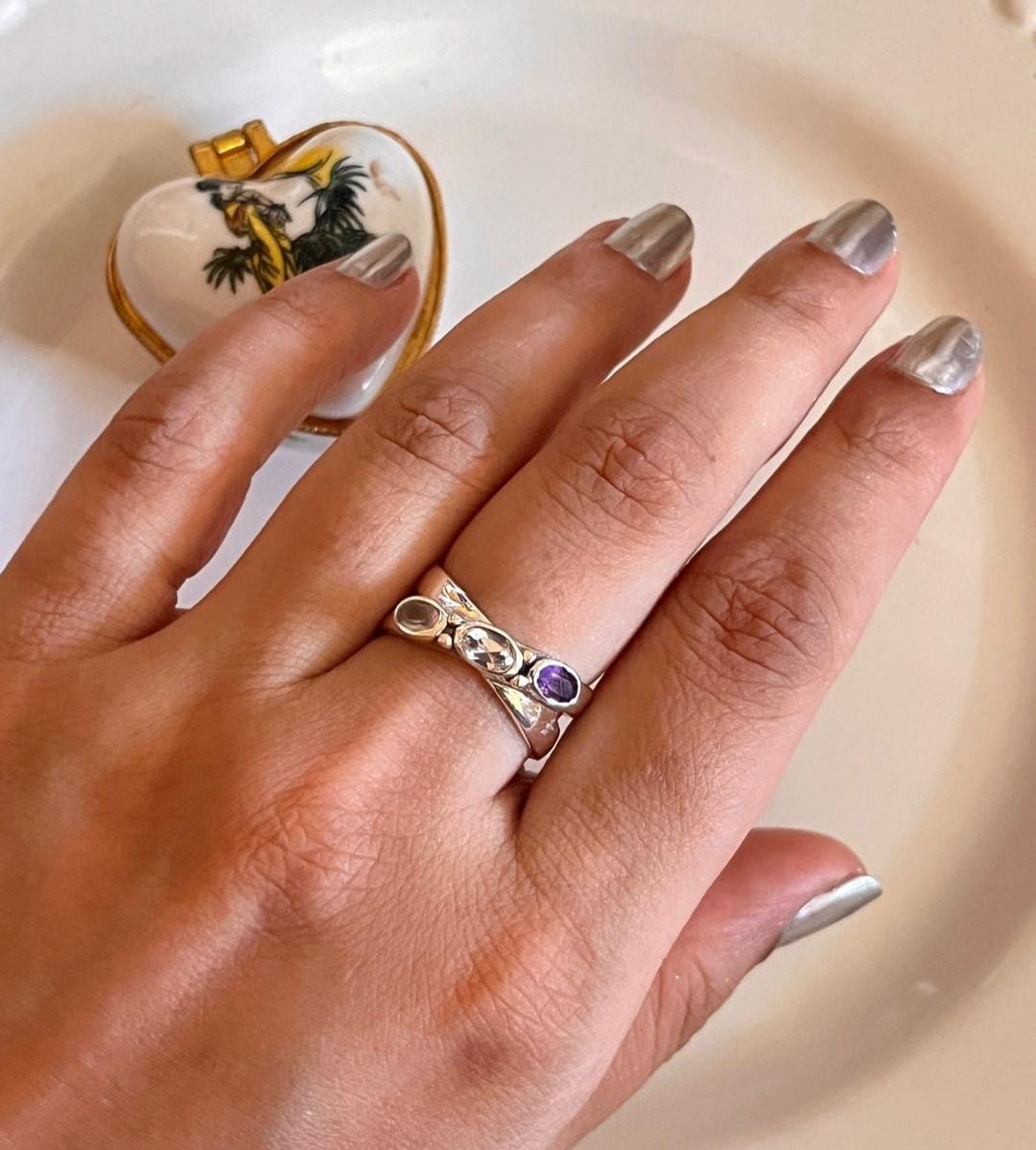 Master Healer Cross Band Silver Ring with Amethyst, Clear Quartz, and Rose Quartz