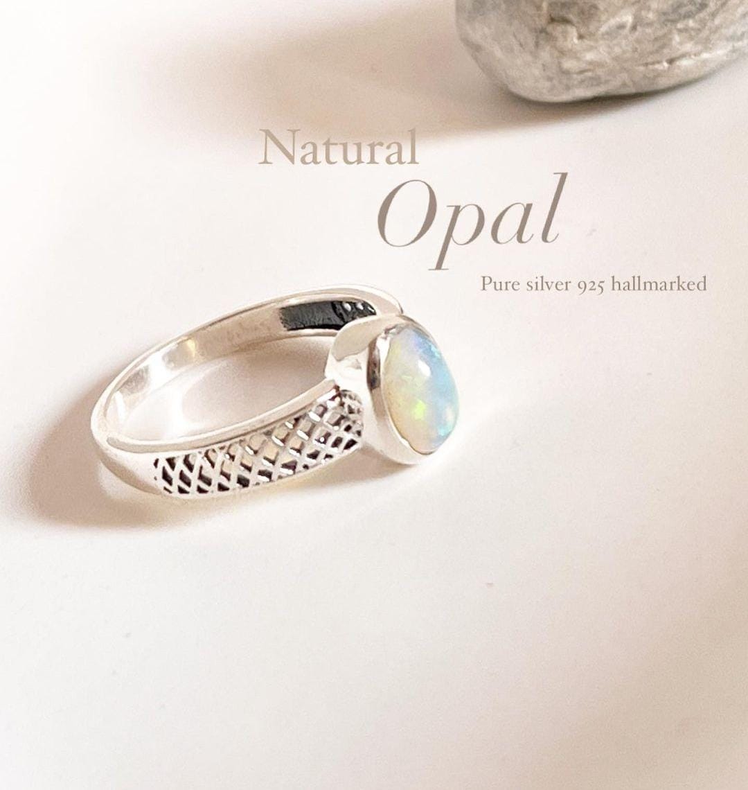 Opal Silver Ring with Patterned Band Design