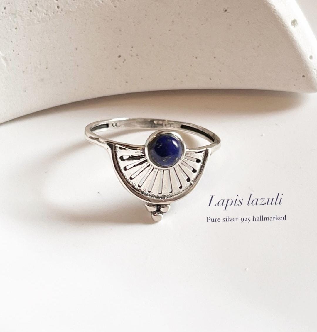 Lapis Gemstone Boho Silver Ring with Intricate Detailing