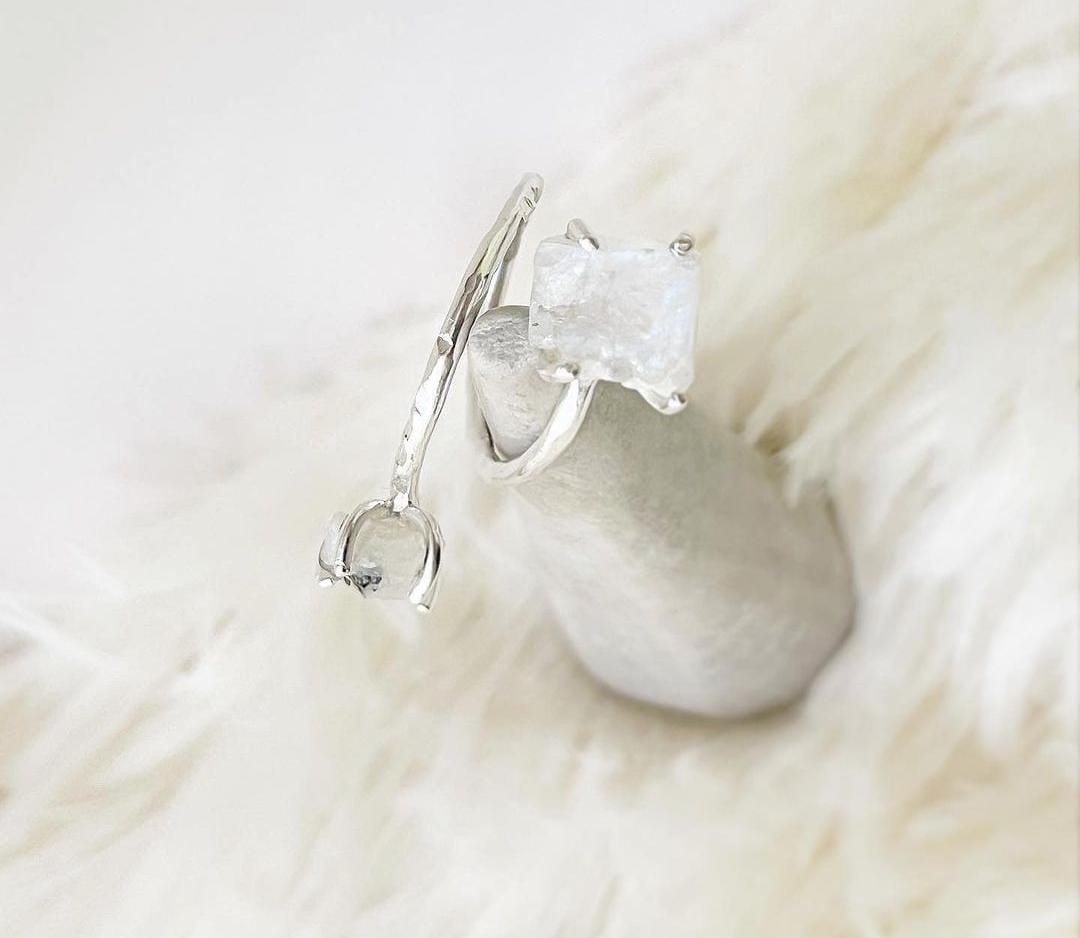 Elegant Moonstone Double Raw Uncut Adjustable Silver Ring