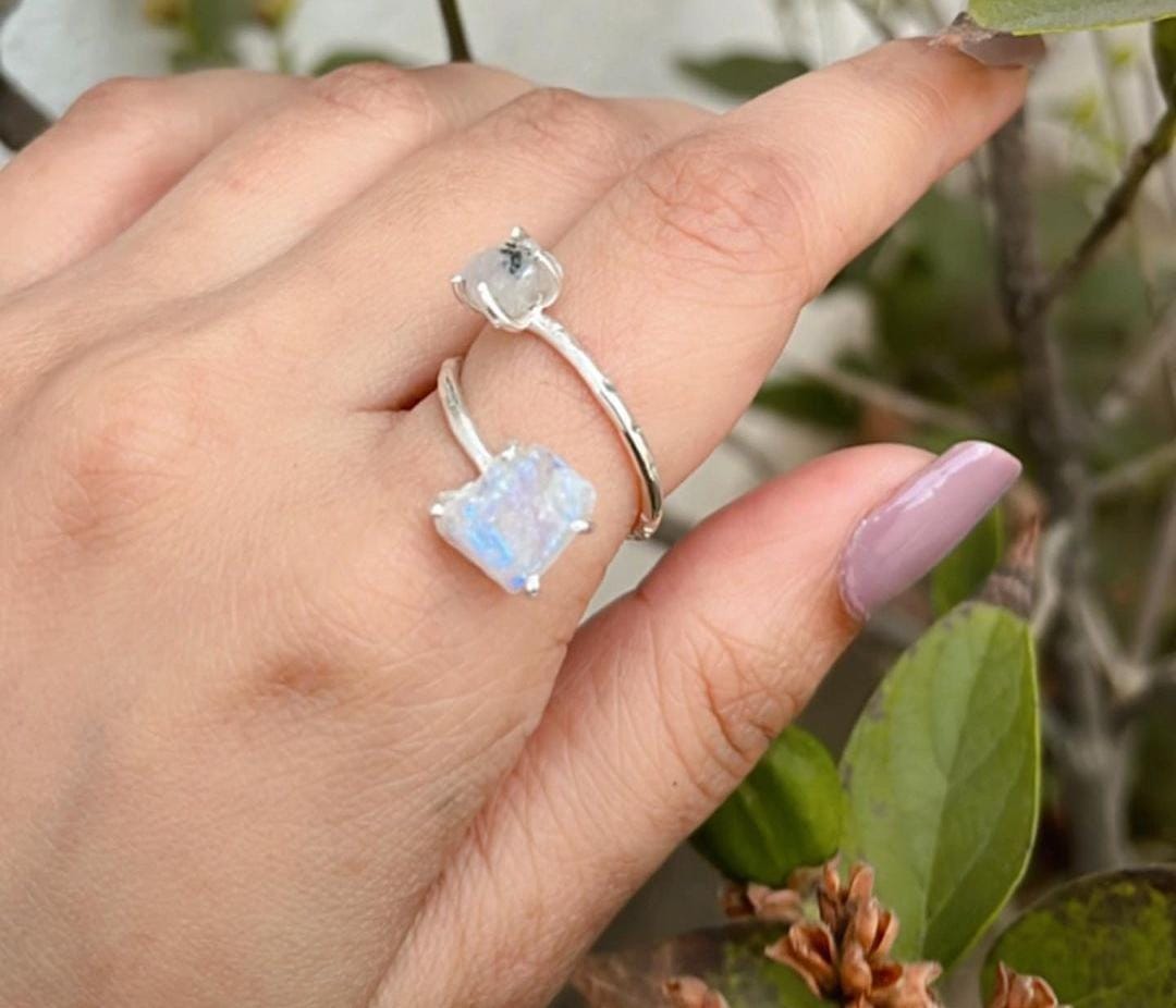 Sterling Silver Adjustable Ring with Double Raw Uncut Moonstones