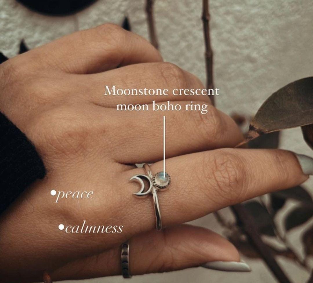Sterling Silver Moonstone Crescent Moon Ring for a Nature-Inspired Style