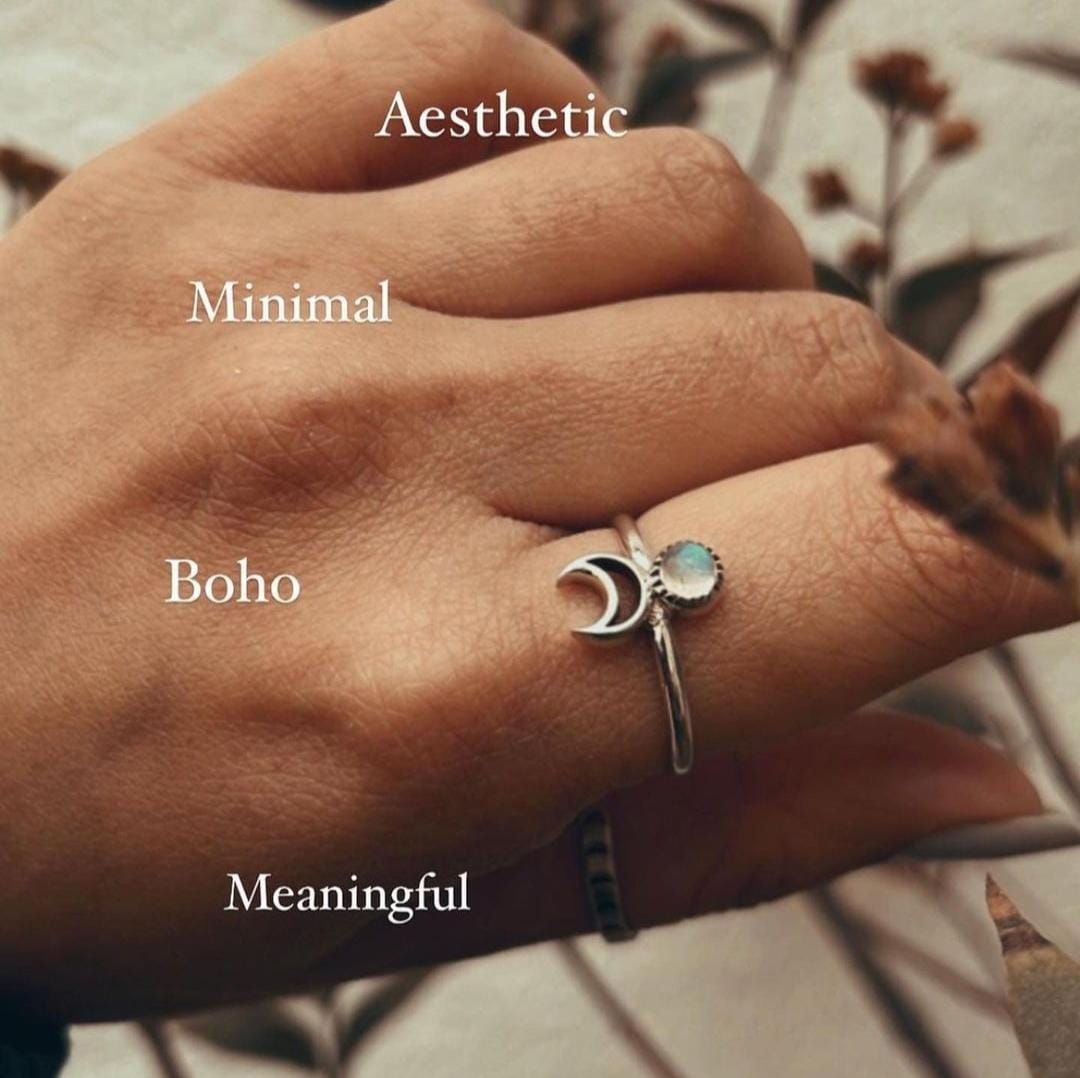 Moonstone Crescent Moon Silver Ring with Celestial Charm