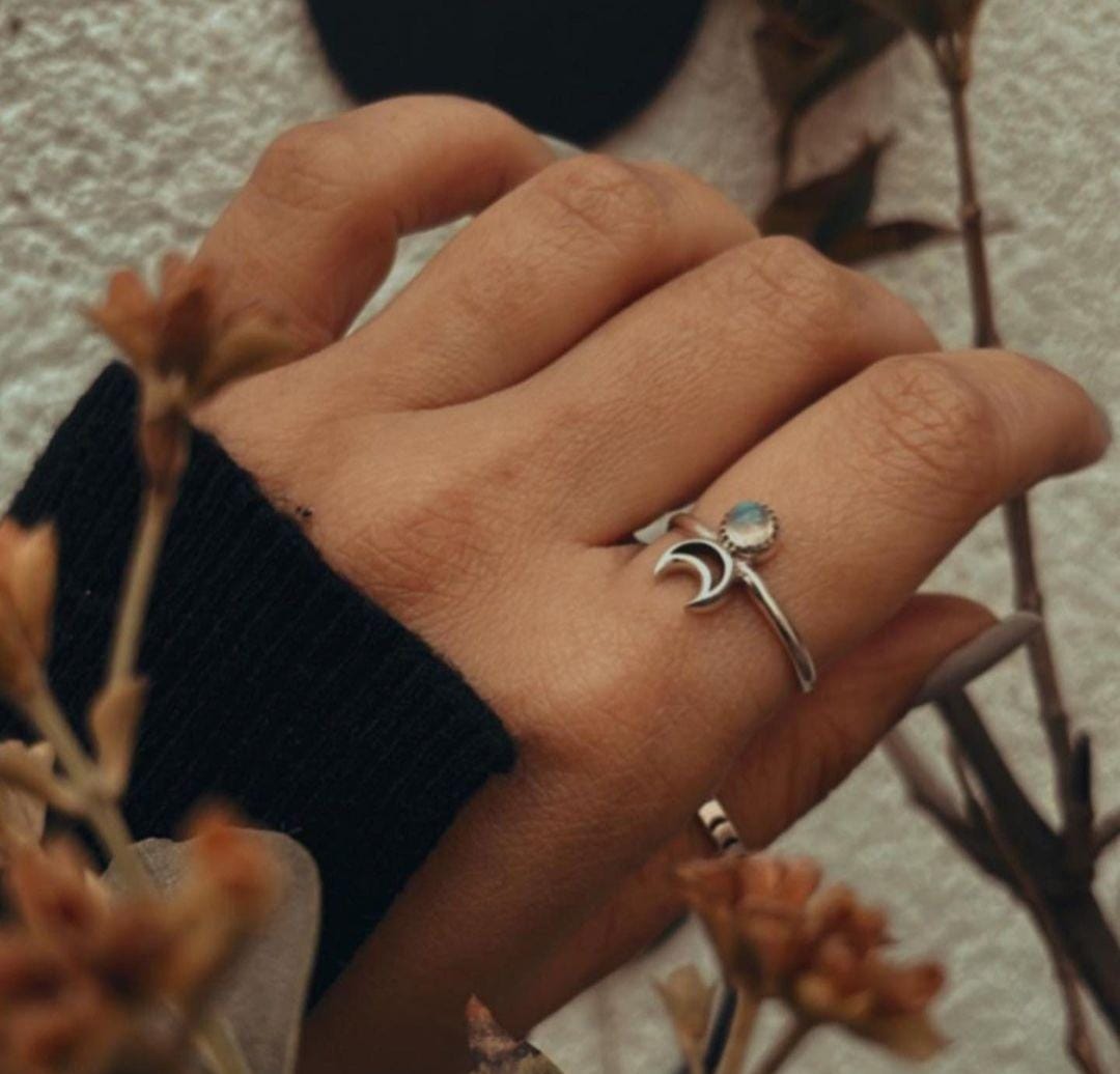 Sterling Silver Crescent Moon Ring with Moonstone for a Mystical Touch
