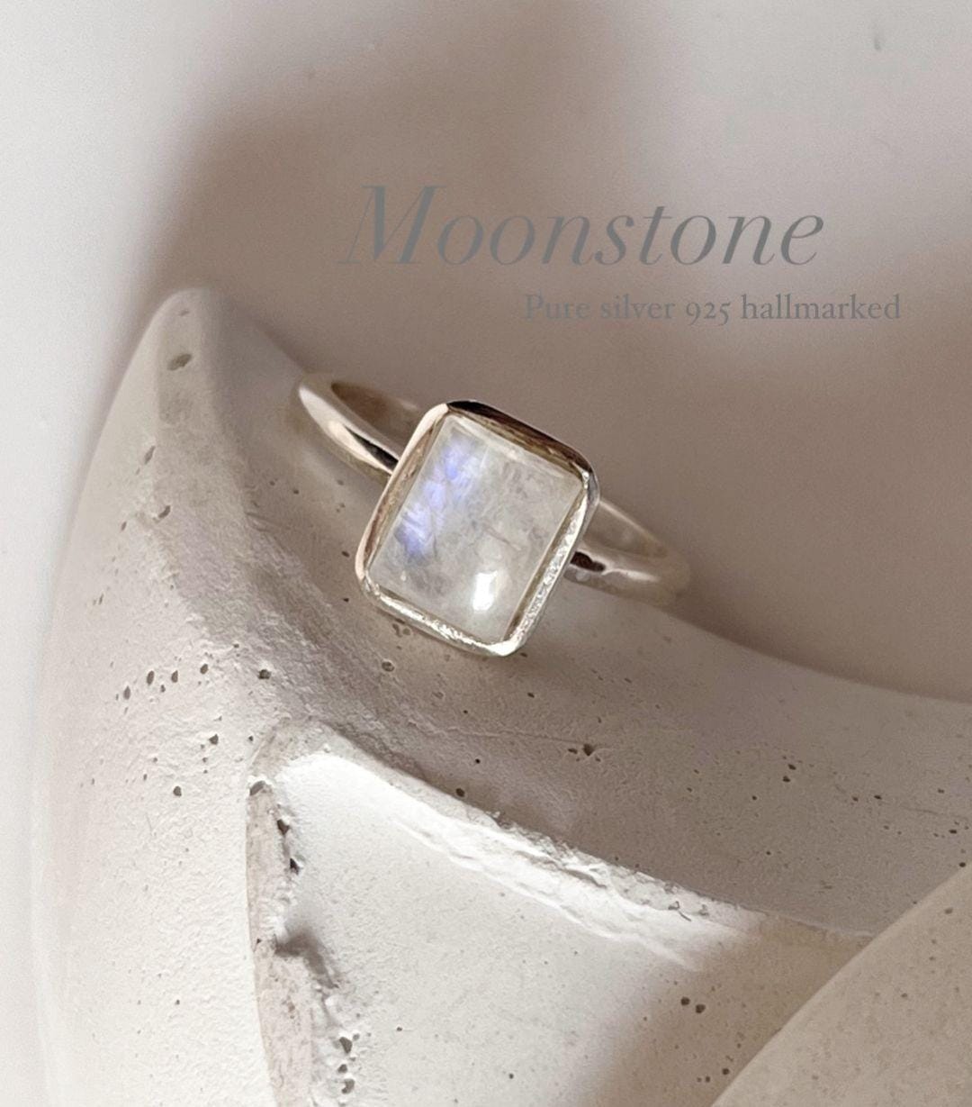 Sterling Silver Ring with Rectangular Moonstone Gem