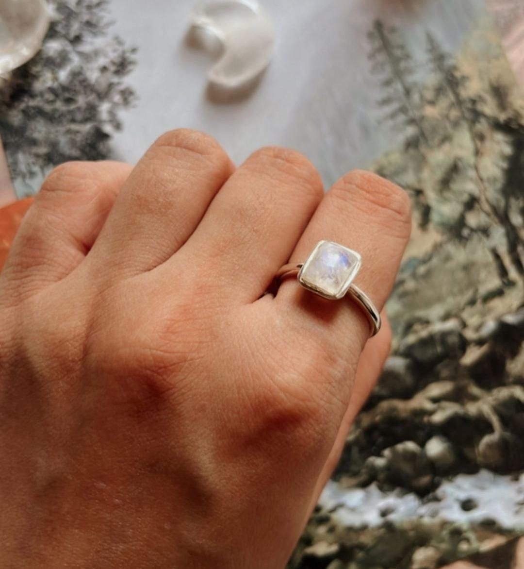 Moonstone Rectangular Silver Ring for Timeless Style
