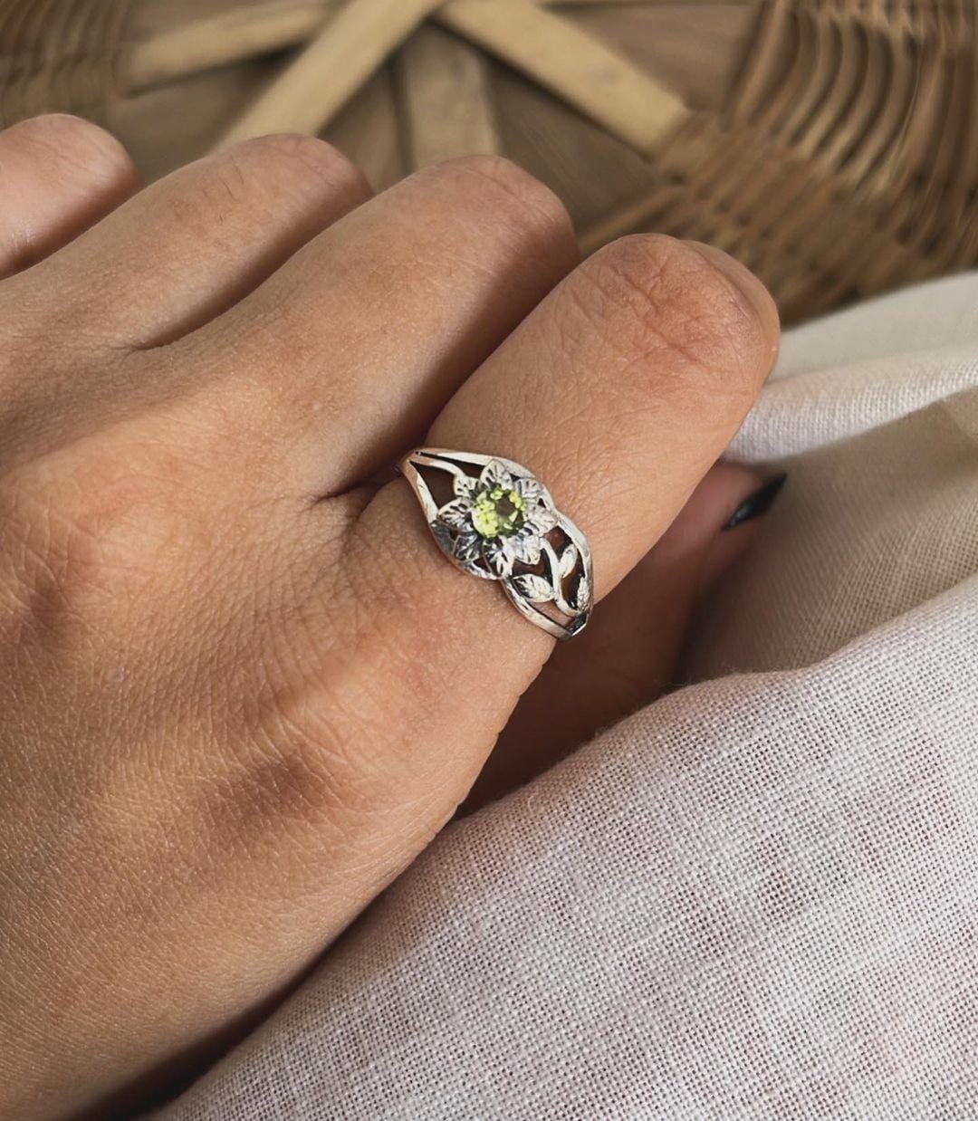 Peridot Stone Forest Design Silver Ring