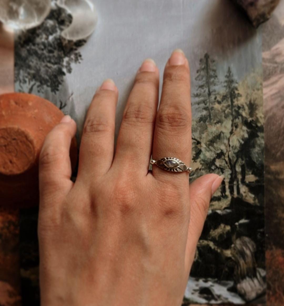 Sterling Silver Ring with Moonstone Evil Eye Charm