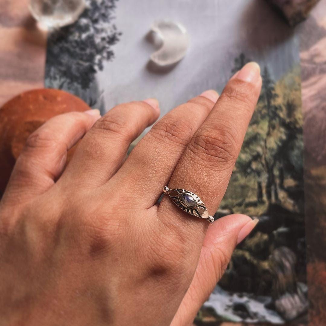 Handcrafted Moonstone Evil Eye Silver Ring